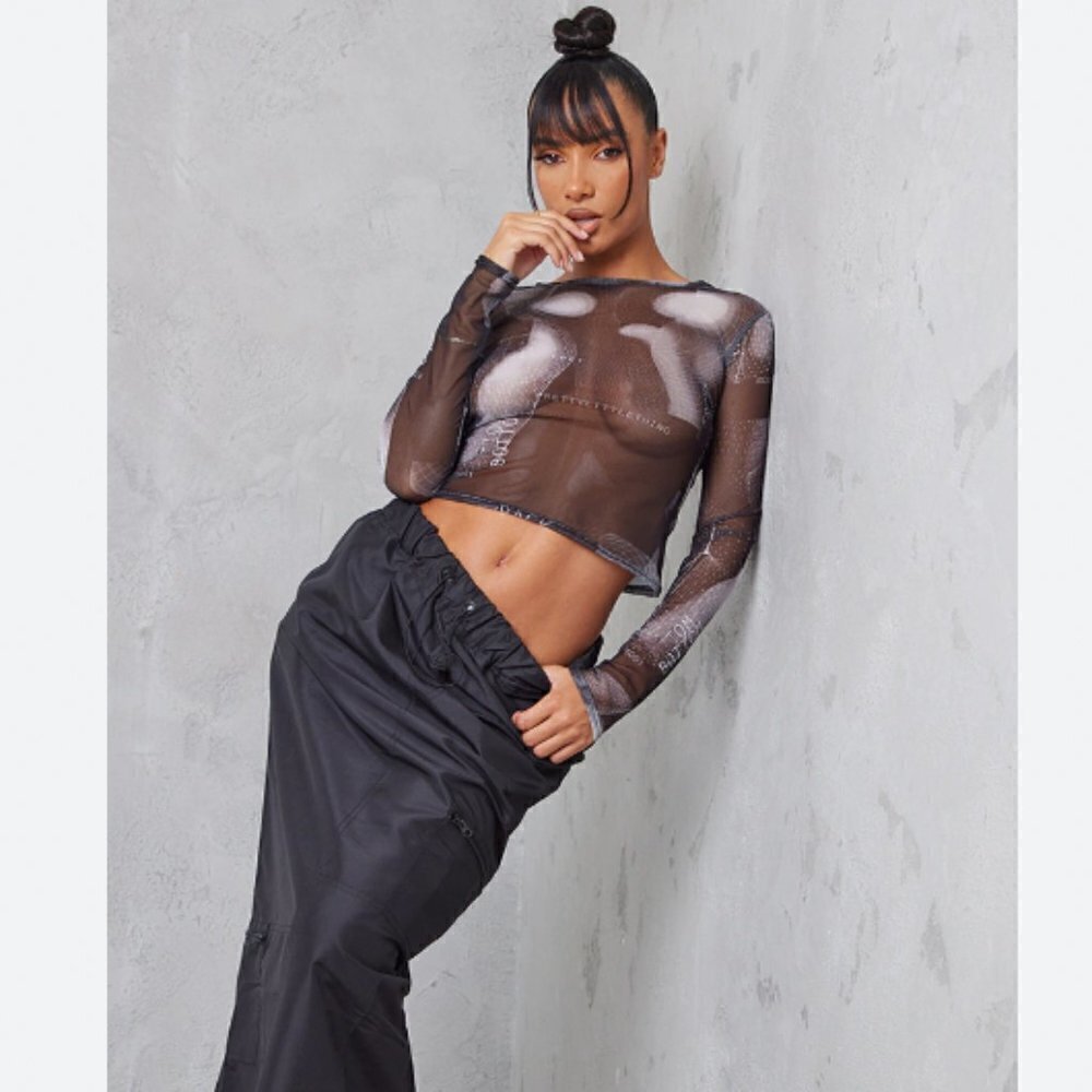 PrettyLittleThing Black Tattoo Mesh Long Sleeve Top